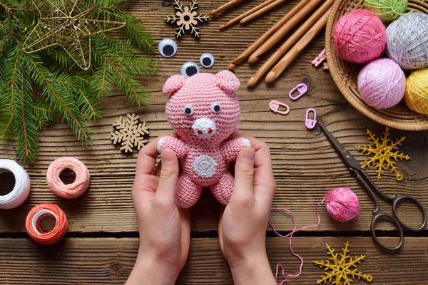 Porco Rosa Símbolo 2019 Feliz Ano Novo Brinquedo Crochê Para — Fotografia de Stock