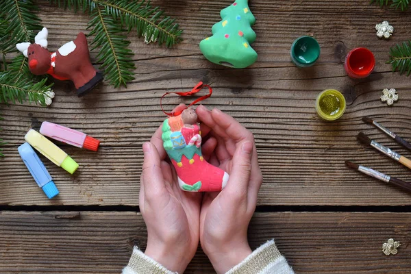 Dipingere Giocattoli Natale Porcellana Decorazioni Fare Giocattolo Argilla Con Proprie — Foto Stock