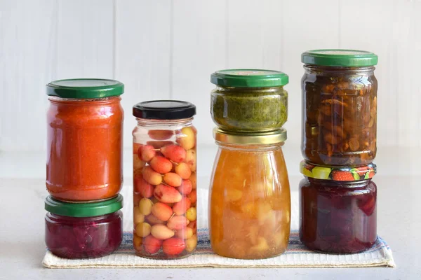 Variety Preserved Food Glass Jars Pickles Jam Marmalade Sauces Ketchup — Stock Photo, Image