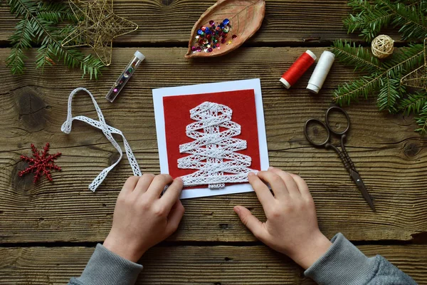 Making Handmade Christmas Greeting Card Felt Your Own Hands Children — Stock Photo, Image
