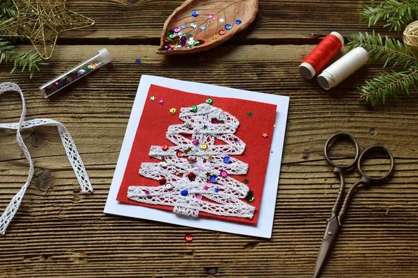 Facendo Handmade Biglietto Auguri Natale Dal Feltro Con Proprie Mani — Foto Stock