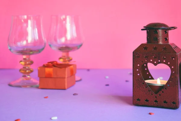 Red Candlesticks Heart Present Box Wine Glasses Pink Background Valentine — Stock Fotó