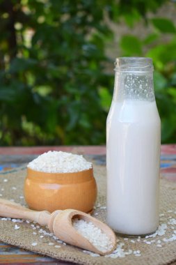 Pirinç sütü şişe, pirinç taneleri ile. Süt alternatif türü. Vegan süt süt. Laktozsuz süt ve süt içecek. Laktoz intoleransı. Sağlıklı gıda.