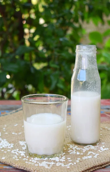 Rýžové Mléko Láhvi Rýže Zrna Alternativní Druh Mléka Vegan Mléčné — Stock fotografie