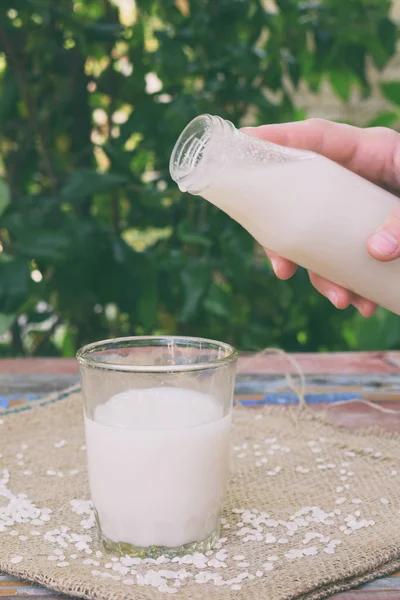 Reismilch Der Flasche Mit Reiskörnern Alternative Art Von Milch Vegane — Stockfoto