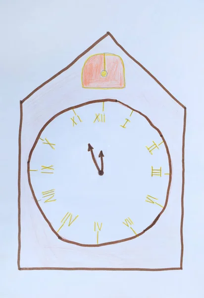 Childrens Drawing Alarm Clock Showing Five Minutes Twelve New Year — Stock Photo, Image
