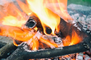 Şenlik ateşi yanan odun. Izgara dumanlı içinde yanan alevler. Kundakçılık veya doğal afet. Ateş ve alev, koyu arka plan dokusu
