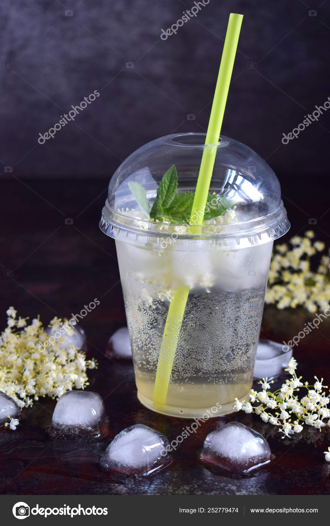 Homemade Elderflower Lemonade With Lemon And Elderberry Flowers In Plastic Cup With Sphere Dome Cap And Cocktail Tube Elderflower Cordial Summer Cold Drink Stock Photo C Oksana S 252779474