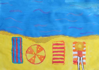 Çocuk çizim: dinlenmek deniz kıyısında. Plaj yatak ve güneş şemsiyesi gurl. Sahil kumu, meslek yolculuğu fikri sakin yer