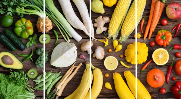 Frutas y verduras blancas, verdes, amarillas, naranjas, rojas sobre fondo de madera. Comida saludable. Alimentos crudos multicolores . — Foto de Stock