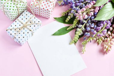 Pembe, mor acı bakla çiçekler, hediyeler ve pembe bir arka plan üzerinde boş kağıt sayfası. Doğum günü, anneler günü, Sevgililer günü, Mart 8, kart veya davet düğün. Festival çiçek dekoratif arka plan.
