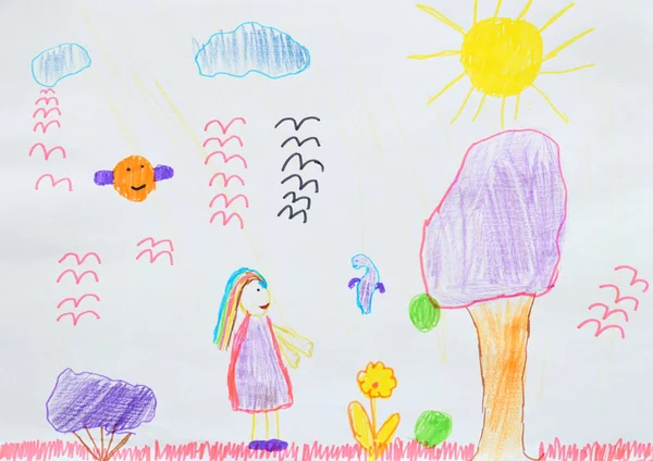 Barnens ritning: Magic World. Fantasy. Ovanliga färgglada blommor, träd, älvor och djur. — Stockfoto