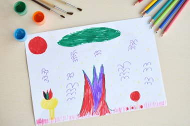 Çocuk çizimi: Sihirli dünya. Fantezi. Sıradışı renkli çiçekler, ağaçlar