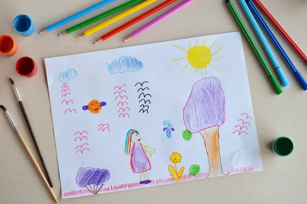 Children's drawing: Magic world. Fantasy. Unusual colorful flowers, trees, fairies and animals.