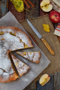 Lezzetli klasik Amerikan elmalı turta. Taze pişmiş pasta meyve ile. Sağlıklı gıda kavramı. Rustik tarzı. Kopya alanı