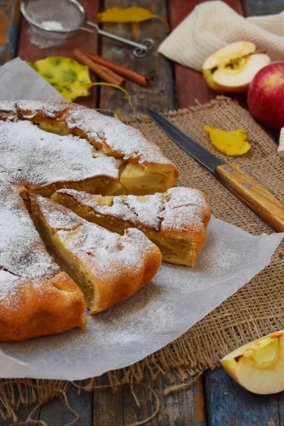 Lezzetli klasik Amerikan elmalı turta. Taze pişmiş pasta meyve ile. Sağlıklı gıda kavramı. Rustik tarzı. Kopya alanı