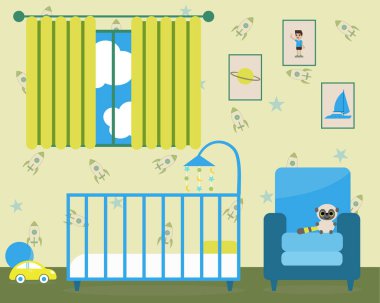 Bebek odasının içi çocuk oyuncaklarıyla dolu. Yatak odası, yatak ve oyuncakları olan oyun odası. Pencereli ve mobilyalı bebek odası. Düz biçim tasarım illüstrasyonu.