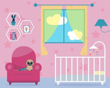 Mobilyalı bebek odası. Düz çizim. Rahat çocuk odasının tasarımı. Pembe dizaynlı kızlar odası..