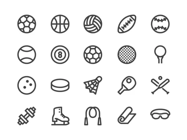 Sports Equipment Line Icon. Vector Illustration Flat style. Included Icons as Sport Balls, Basketball, Handball, Football, Badminton, Dumbbell and more. Editable Stroke. 30x30 Pixel Perfect — Stock Vector