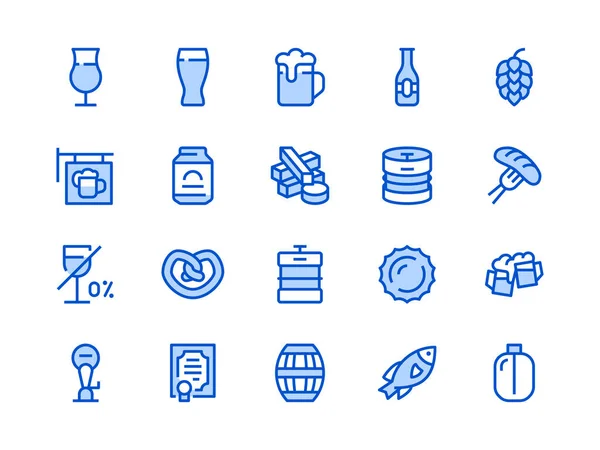 Beer Blue Line Icon. Vector Illustration Flat style. Included Icons as Bar Signboard, Snacks, Non-Alcoholic Drink, Glass, Keg, Bottle and more. Editable Stroke — Stock Vector