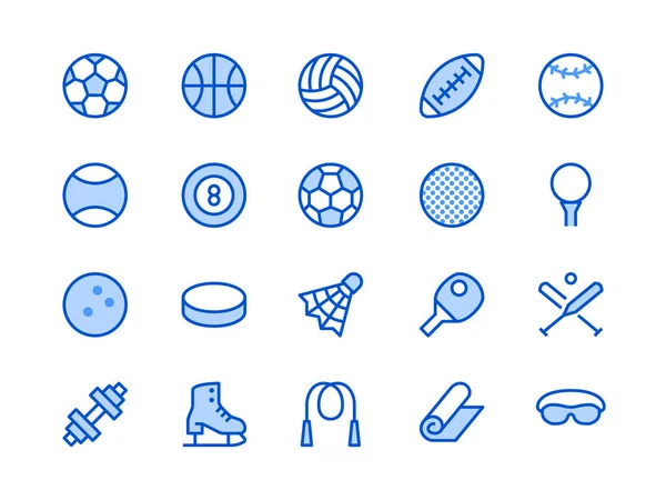 Sports Equipment Blue Line Icon. Vector Illustration Flat style. Included Icons as Sport Balls, Basketball, Handball, Football, Badminton, Dumbbell and more. Editable Stroke — Stock Vector