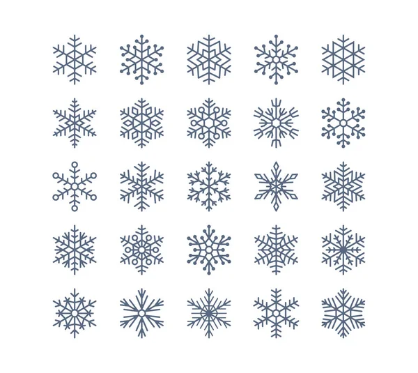 Conjunto de iconos planos copo de nieve. Colección de lindas nevadas geométricas estilizadas. Elemento de diseño para navidad o tarjeta de año nuevo, adorno de invierno. Silueta de nieve azul congelada sobre fondo blanco — Archivo Imágenes Vectoriales