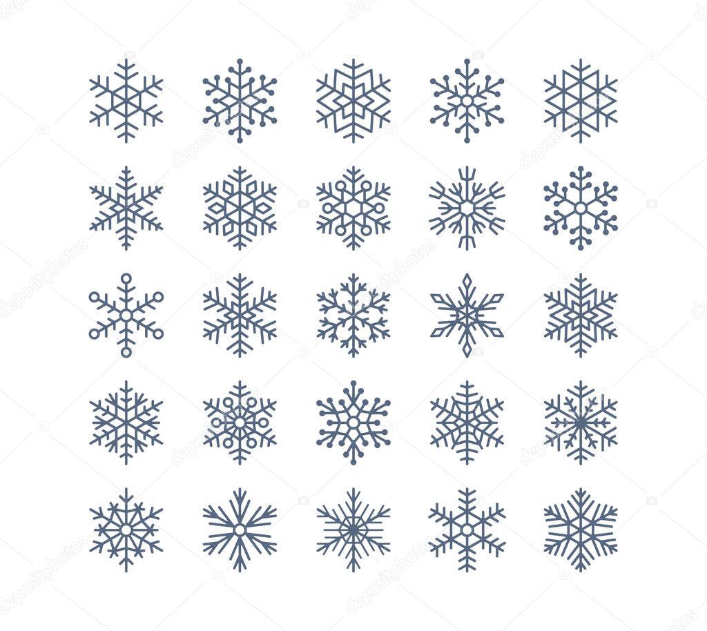 Snowflake flat icons set. Collection of cute geometric stylized snowfall. Design element for christmas or new year card, winter ornament. Frozen blue snow silhouette on white background