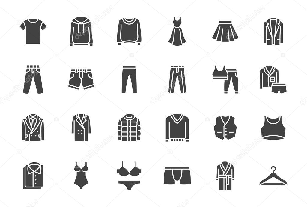Clothes, Fashion Silhouette Icons. Vector Illustration Included Icon as Jacket, Winter Coat, Sweatshirt, Dress, Hoody, Jeans, Hanger and other Apparel Flat Pictogram for Cloth Store