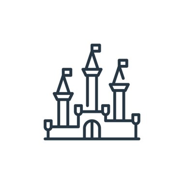 Peri masalı kavramından bir şato ikonu vektörü. Şatonun düzenlenebilir vuruşunun ince çizgisi. Web ve mobil uygulamalarda kullanmak için kale doğrusal işareti, logo, yazdırma ortamı.