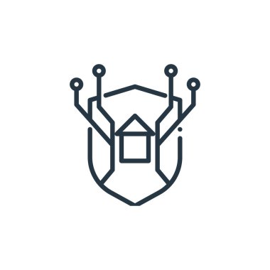 Akıllı ev kavramından koruma ikonu vektörü. Düzenlenebilir felcin ince bir çizgisi. Web ve mobil uygulamalarda kullanım için doğrusal koruma işareti, logo, yazdırma ortamı.