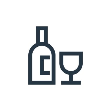 Restoran konseptinden şarap şişesi ikonu vektörü. Kurgulanabilir şarap şişesinin ince çizgisi. İnternet ve mobil uygulamalarda kullanım için şarap şişesi doğrusal işareti, logo, yazdırma ortamı.