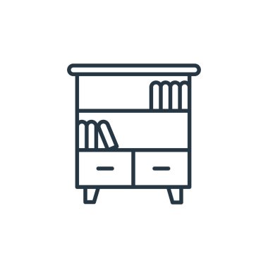 Mobilya konseptinden kitap rafı ikonu vektörü. Kitap rafı düzenlenebilir vuruşunun ince çizgisi. Web ve mobil uygulamalarda kullanmak için kitaplık doğrusal işareti, logo, yazdırma ortamı.