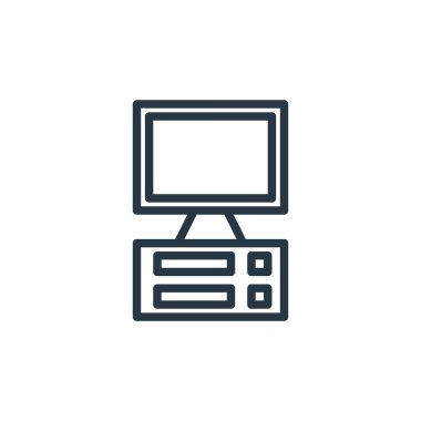 Bilgisayar donanımı kavramından masaüstü bilgisayar simgesi vektörü. Masaüstü düzenlenebilir felcin ince çizgisi. Web ve mobil uygulamalarda kullanmak için masaüstü bilgisayar doğrusal işareti, logo, yazdırma 