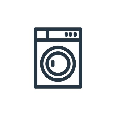 Muhtelif kavramlardan çamaşır makinesi ikon vektörü. Düzenlenebilir çamaşır makinesi felcinin ince bir çizgisi. Ağ ve mobil uygulamalarda kullanım için çamaşır makinesi doğrusal işareti, logo, yazdırma ortamı.
