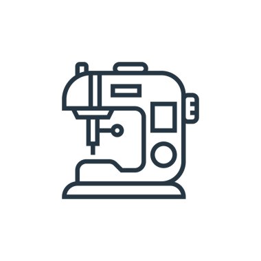 Ev aletleri konseptinden makine simgesi vektörü dikiyorum. Düzenlenebilir dikiş makinesi vuruşunun ince çizgisi. Web ve mobil uygulamalarda kullanmak için makine doğrusal işareti, logo, yazdırma ortamı.