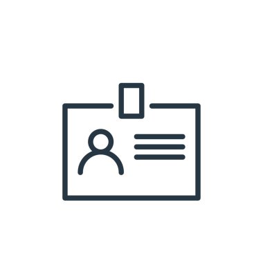 Ofis kavramında çalışan kimlik kartı ikonu vektörü. Kimlik kartının düzenlenebilir vuruşunun ince çizgisi. Web ve mobil uygulamalarda kullanmak için kimlik kartı doğrusal işareti, logo, yazdırma ortamı.