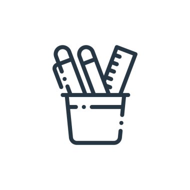 Eğitim konseptindeki kalem tutucu ikon vektörü. Düzenlenebilir kalem tutacağının ince çizgisi. Web ve mobil uygulamalarda kullanmak için kalem tutucu doğrusal işareti, logo, yazdırma ortamı.