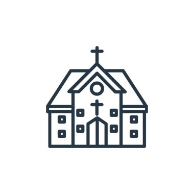 Bina konseptinden kilise ikonu vektörü. Kilisenin düzenlenebilir vuruşlarının ince bir çizgisi. Web ve mobil uygulamalarda kullanmak için kilise doğrusal işareti, logo, yazdırma ortamı.