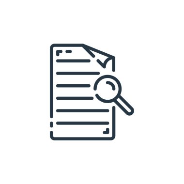 Belge konseptinden simge vektörünü ara. Düzenlenebilir darbenin ince çizgisi. Web ve mobil uygulamalarda kullanmak için doğrusal arama işareti, logo, yazdırma ortamı.