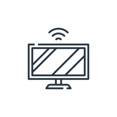 Akıllı televizyon konseptinden akıllı televizyon ikonu vektörü. Düzenlenebilir akıllı televizyon vuruşunun ince bir çizgisi. Web ve mobil uygulamalarda kullanmak için akıllı TV doğrusal işareti, logo, yazdırma ortamı.