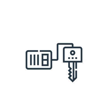 Sürüş okulu konseptinden araba anahtarı vektörü. Araba anahtarının düzenlenebilir vuruşunun ince çizgisi. Web ve mobil uygulamalarda kullanmak için otomobil anahtarı doğrusal işareti, logo, yazdırma ortamı.