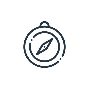 Seyahat ve macera konseptinden pusula ikonu vektörü. Düzenlenebilir pusula vuruşunun ince çizgisi. Web ve mobil uygulamalarda kullanmak için pusula işareti, logo, yazdırma ortamı.