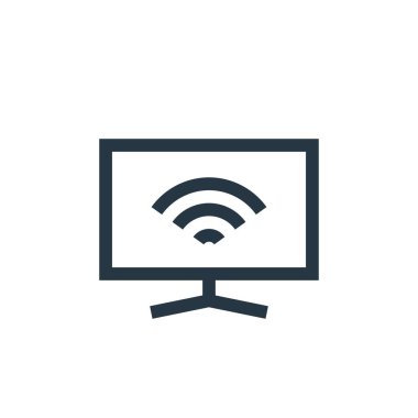 Kablosuz teknoloji kavramından akıllı televizyon ikonu vektörü. Düzenlenebilir akıllı televizyon vuruşunun ince bir çizgisi. Web ve mobil uygulamalarda kullanmak için akıllı TV doğrusal işareti, logo, yazdırma ortamı.