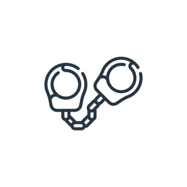 Kanun ve adalet kavramından kelepçe ikonu vektörü. Kelepçelenebilir inmenin ince bir çizgisi. Web ve mobil uygulamalarda kullanmak için kelepçe doğrusal işareti, logo, yazdırma ortamı.