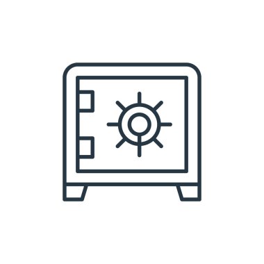 Finans konseptinden güvenli kutu ikonu vektörü. Güvenlik kutusunun düzenlenebilir darbesinin ince çizgisi. Web ve mobil uygulamalarda kullanmak için güvenli kutu doğrusal işareti, logo, yazdırma ortamı.