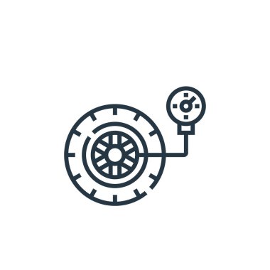 Sürüş okulu konseptinden tekerlek basıncı ikonu vektörü. Tekerlek basıncının düzenlenebilir vuruşunun ince çizgisi. Web ve mobil uygulamalarda kullanmak için tekerlek basıncının doğrusal işareti, logo, yazdırma ortamı.