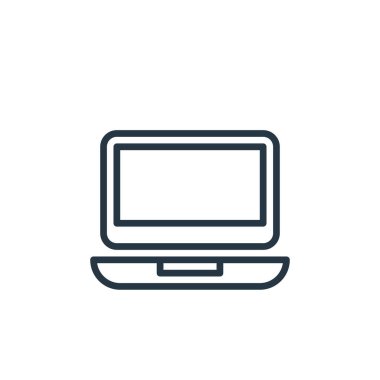 Bilgisayar konseptinden dizüstü bilgisayar ikonu vektörü. Dizüstü bilgisayarın düzenlenebilir vuruşunun ince çizgisi. Web ve mobil uygulamalarda kullanmak için dizüstü bilgisayar doğrusal imzası, logo, yazdırma ortamı.