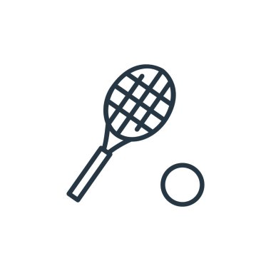 Spor konseptinden tenis raketi ikonu vektörü. Tenis raketinin düzenlenebilir vuruşunun ince bir çizgisi. İnternet ve mobil uygulamalarda kullanmak için tenis raketi doğrusal işareti, logo, yazdırma ortamı.