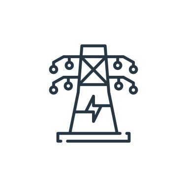 Sürdürülebilir enerji kavramından elektrik kulesi ikonu vektörü. Elektrik kulesinin düzenlenebilir vuruşunun ince çizgisi. Ağ ve mobil uygulamalarda kullanmak için elektrik kulesi doğrusal işareti, logo, yazdırma ortamı.