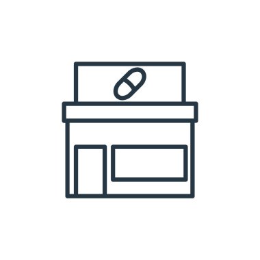 Bina konseptindeki eczane ikonu vektörü. Düzenlenebilir inmenin ince bir çizgisi. Web ve mobil uygulamalarda kullanmak için eczane doğrusal işareti, logo, yazdırma ortamı.